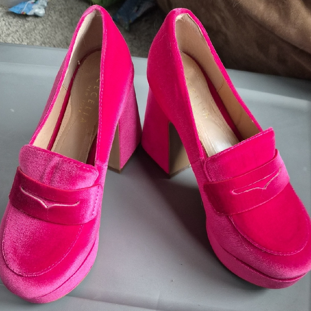 CeCe Hot Pink Velvet Block Heel Loafers